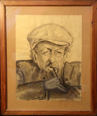painting of an old man smoking a pipe in a wooden frame