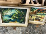 tableau représentant une scène tropicale avec un homme et une femme au bord d'une rivière