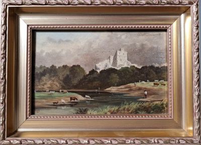 a picture of a painting of a castle on the water