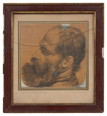 a drawing of a man with a beard in a wooden frame