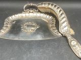 a silver plate with a spoon and a spoon rest on it