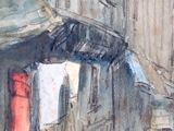 a painting of a building with a red door on it