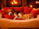a dog and a cat that are laying in a dog bed