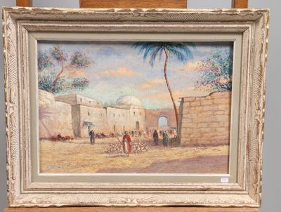 une peinture à l'huile représentant une scène de village avec une calèche tirée par un cheval devant un mur de pierre