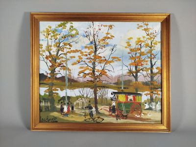 une peinture à l'huile représentant un tableau représentant une scène de vie à la ferme avec une calèche tirée par un cheval