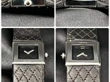 four different shots of a watch with a black dial and a silver case