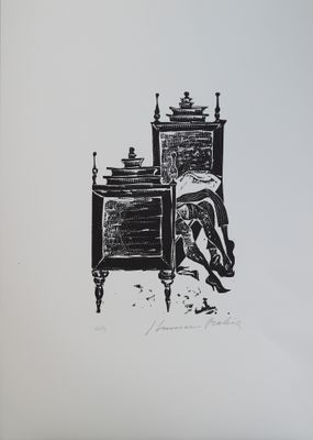 dessin représentant un homme appuyé contre un lit, avec une commode devant lui