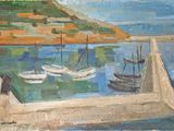 une peinture représentant des bateaux sur l'eau près d'un quai