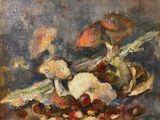 un tableau représentant des champignons et d'autres légumes posés sur une table