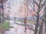 an oil painting of trees and water in a field