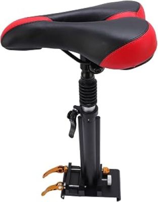 un gros plan d'une selle de vélo rouge et noire posée sur un support