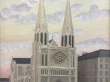 un tableau représentant une grande cathédrale sur laquelle figure une horloge