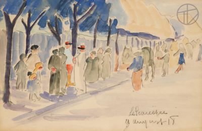 painting of a group of people walking down a street next to trees