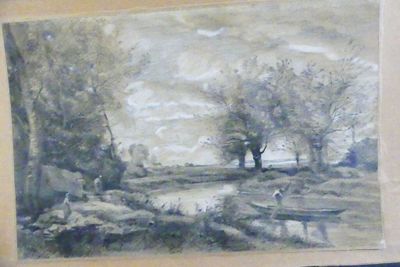 dessin représentant un paysage avec une rivière et des arbres au premier plan