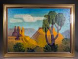 an oil painting of a landscape with trees and mountains in the background