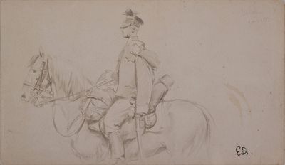 dessin représentant un homme en uniforme à cheval, coiffé d'un chapeau