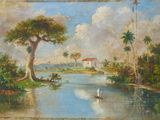 tableau représentant un tableau d'une rivière avec un bateau sur l'eau