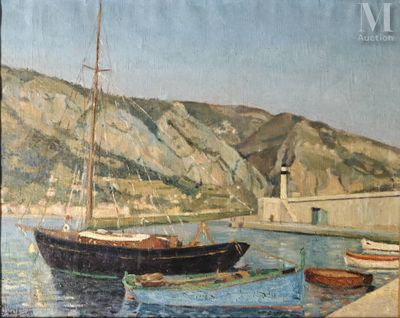 a painting of a boat in the water near a pier