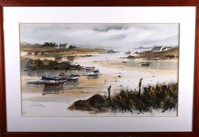 a picture of a painting of boats on the beach