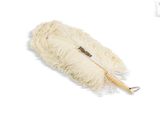 a white mop with a wooden handle on a white surface