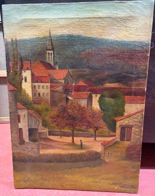 tableau représentant une scène de village avec une église et un clocher