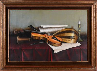 an oil painting of a violin on a table next to a candle