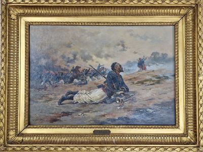 tableau représentant un homme allongé par terre devant un groupe de soldats