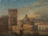 painting of a view of a city with a castle in the background