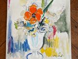an oil painting of a vase of flowers on a wooden floor