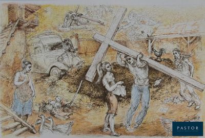 dessin représentant un groupe de personnes portant une croix dans un champ
