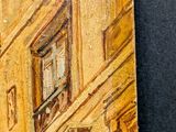 a painting of a building with a clock on it