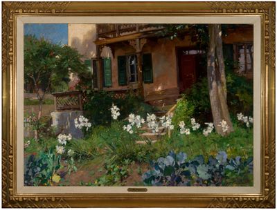 an image of a painting of a house with a garden in front of it