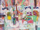 une peinture à l'huile représentant une table sur laquelle se trouvent un vase de fleurs et des fruits