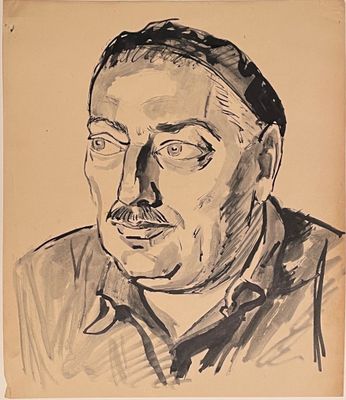 dessin représentant un homme moustachu, en noir et blanc