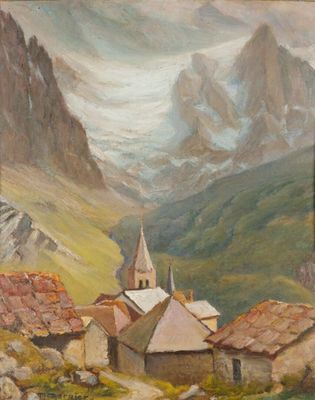 tableau représentant un village de montagne avec une église au premier plan