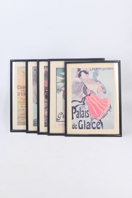 four framed posters of a woman in a pink dress and a man in a black suit