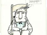drawing of a man sitting in a chair with a sign above his head