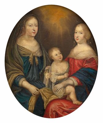une image d'une peinture représentant une femme tenant un bébé sur ses genoux