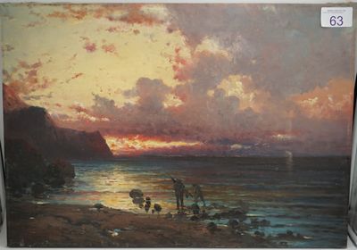 tableau représentant un coucher de soleil sur une plage, avec des personnes et des chiens