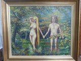 un tableau représentant deux femmes se tenant la main dans les bois