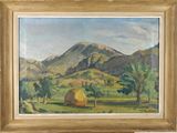 an oil painting of a mountain scene with a tent in the foreground and trees in the foreground
