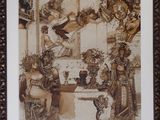 painting of a woman and two men in elaborate costumes sitting at a table in front of a mirror