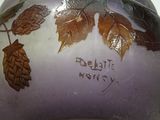 a purple vase with leaves on it with writing on it