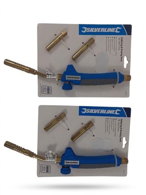 two blue and gold hoses with brass fittings on them