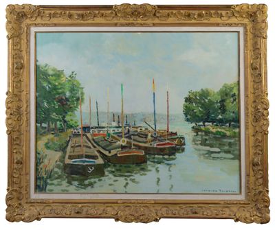 Jacques BOUYSSOU (1926-1997) "Péniches à quai sur la Seine" …