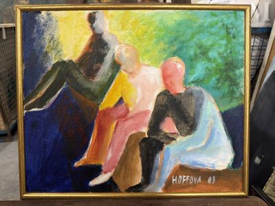 un tableau représentant trois personnes assises sur un banc