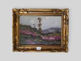 an oil painting of a landscape with a tree in the foreground