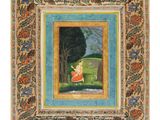 a painting of a woman sitting on a bench under a tree