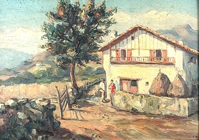 a painting of a house on a hill with a man standing in front of it