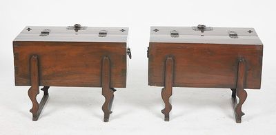 pair of antique wooden side tables with metal handles and legs